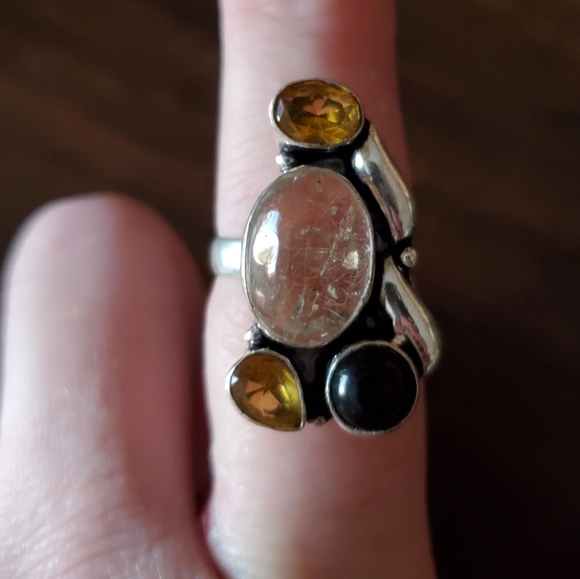 New Rutile Quartz, Citrine, Black Onyx 925 Silver Ring. - Picture 10 of 10